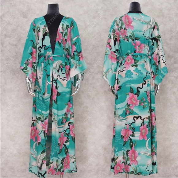 Boho Nightingale Aqua Floral Long Kimono - Picture 7 of 7